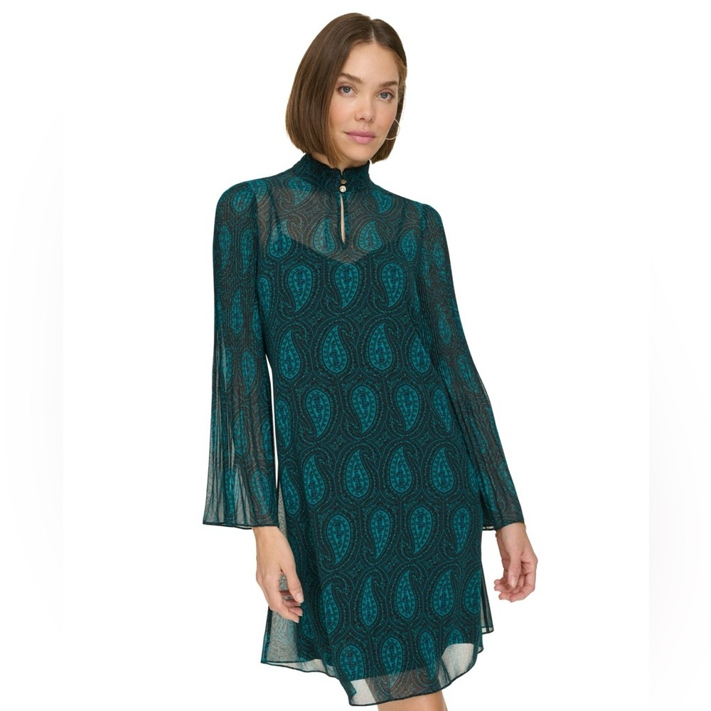 Tommy Hilfiger Paisley Chiffon Shift Dress Cypress Green 6 NWT Designer Office - Picture 5 of 7